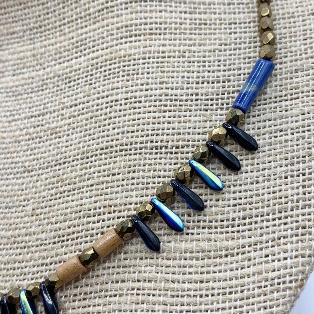 Blue, gold, wood and peacock iridescent faceted dainty Briolette bead necklace